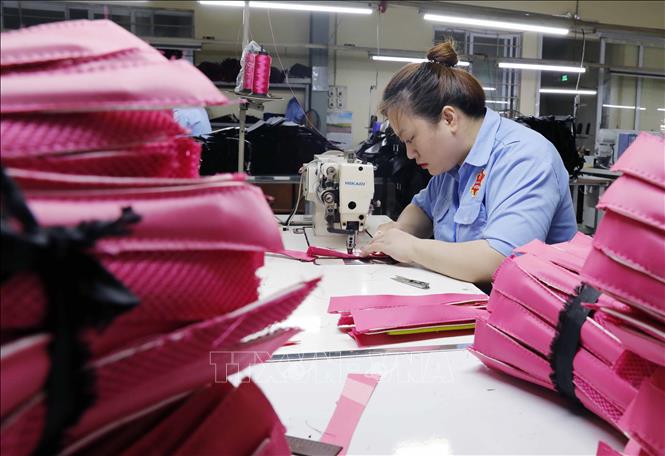 May chi tiết cho sản phẩm túi da du lịch tại Công ty. Ảnh: Trần Việt - TTXVN