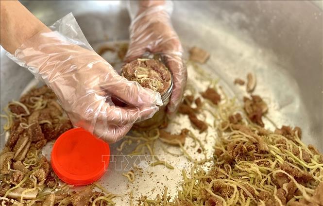 Cho thịt, đu đủ được nén chặt trong lọ để trong 3-5 ngày. Ảnh: Tạ Toàn - TTXVN