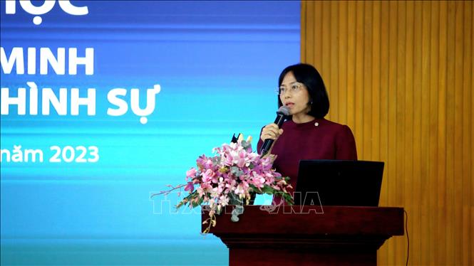 Bà Nguyễn Thị Phương Hoa, Trưởng khoa Luật hình sự, Trường Đại học Luật TPHCM tham luận tại hội thảo. Ảnh: Thành Chung - TTXVN