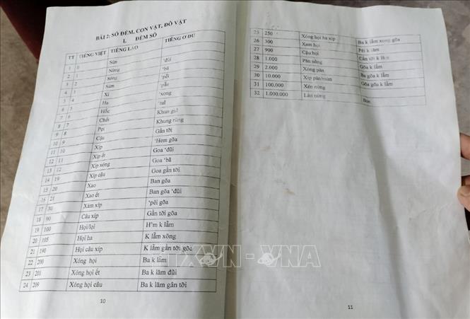 Một trang giáo án trong cuốn giáo trình dạy tiếng Ơ Đu theo hình thức truyền khẩu mà ông Lo Thanh Bình (bản Văng Môn, xã Nga My, huyện Tương Dương, Nghệ An) đang giữ. Ảnh: Xuân Tiến - TTXVN 