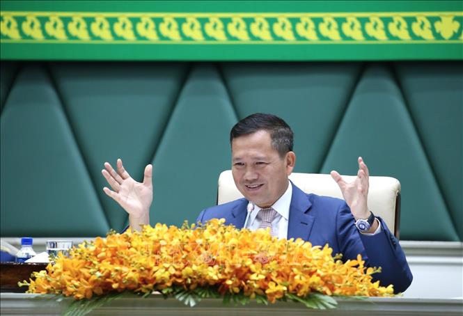 Thủ tướng Chính phủ Hoàng gia Campuchia Samdech Thipadei Hun Manet phát biểu tại diễn đàn Chính phủ với khu vực tư nhân lần thứ 19. Ảnh: Huỳnh Thảo - P/v TTXVN tại Campuchia