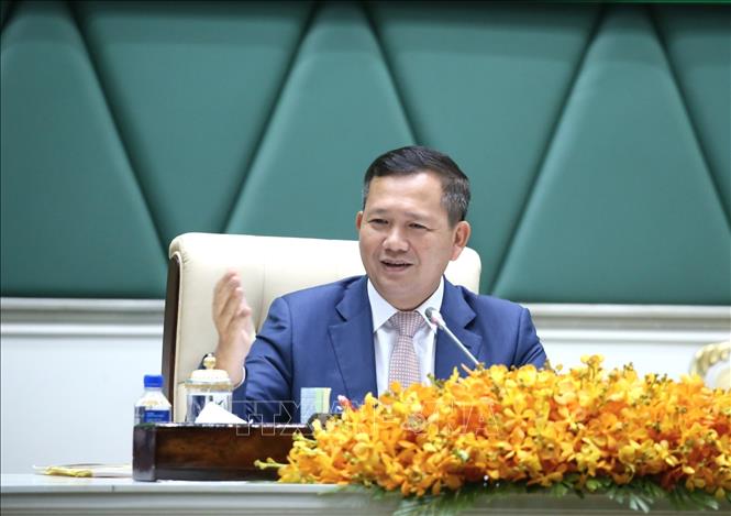 Thủ tướng Chính phủ Hoàng gia Campuchia Samdech Thipadei Hun Manet phát biểu tại diễn đàn Chính phủ với khu vực tư nhân lần thứ 19. Ảnh: Huỳnh Thảo - P/v TTXVN tại Campuchia