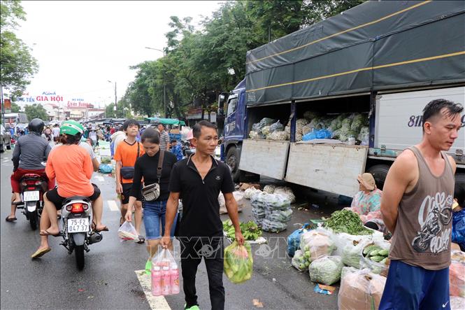 Người dân tranh thủ mua thực phẩm tại các xe bán hàng rau củ lưu động trước chợ Đông Ba. Ảnh: Đỗ Trưởng - TTXVN