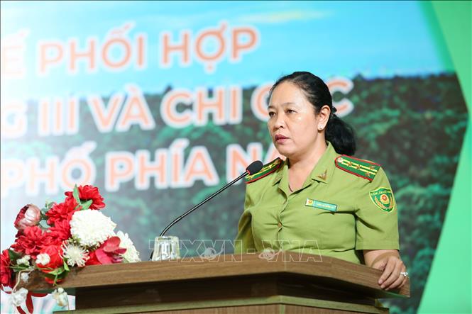 Bà Trần Thị Ngân Hà, Chi cục trưởng Chi cục Kiểm lâm tỉnh Tây Ninh, phát biểu tại Hội nghị. Ảnh: Giang Phương - TTXVN