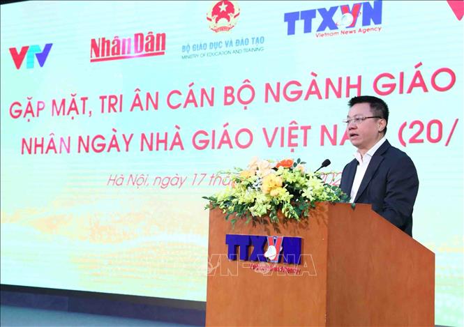 Ủy viên Trung ương Đảng, Tổng Biên tập Báo Nhân Dân, Chủ tịch Hội Nhà báo Việt Nam Lê Quốc Minh phát biểu. Ảnh: Minh Đức – TTXVN