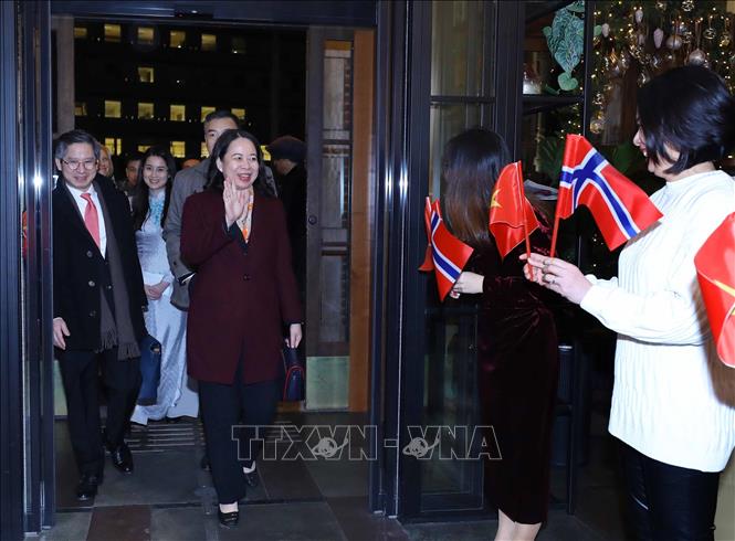 Staff of Vietnamese Embassy in Norway and Vietnamese community welcome Vice President Vo Thi Anh Xuan. VNA Photo: An Đăng
