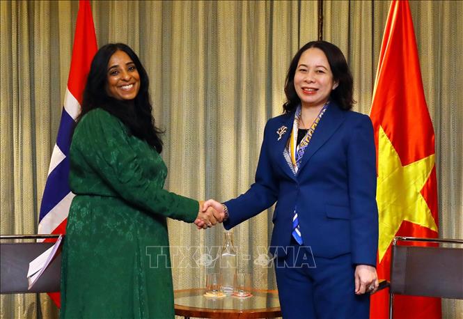 Vice President Vo Thi Anh Xuan meets Norwegian Minister of Culture and Equality Lubna Jaffery. VNA Photo: An Đăng