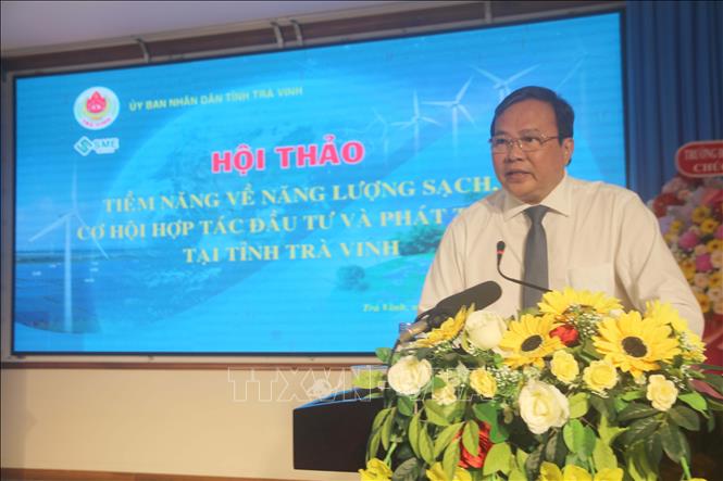 Chủ tịch UBND tỉnh Trà Vinh Lê Văn Hẳn phát biểu. Ảnh: Phúc Sơn – TTXVN.