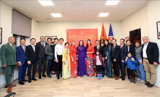 Vice President Vo Thi Anh Xuan meets with representatives of the Vietnamese overseas community and the Vietnamese Embassy staff. VNA Photo: An Đăng