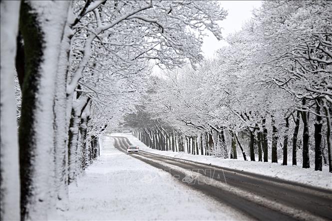Tuyết phủ trắng tuyến đường ở Lever Causeway, gần Birkenhead, Tây Bắc vùng England, ngày 10/3/2023. Ảnh: AFP/TTXVN