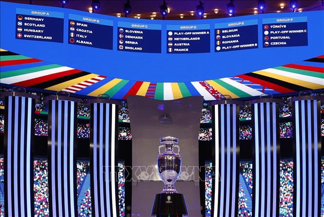 Toàn cảnh kết quả bốc thăm 6 bảng đấu của vòng chung kết Euro 2024 tại Đức, ngày 2/12/2023. Ảnh: AFP/TTXVN