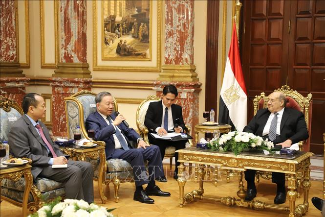 Minister of Public Security To Lam meets with President of the Egyptian Senate and Chairman of the Nation’s Future Party (NFP) Abdel-Wahab Abdel-Razek. VNA Photo: Nguyễn Trường 