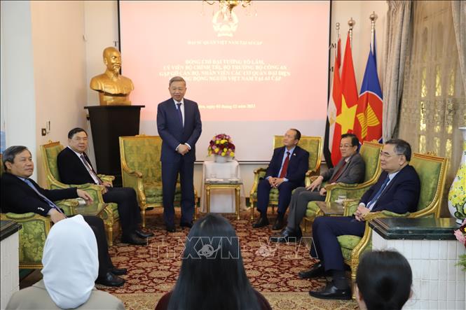 Minister of Public Security To Lam meets with the Vietnamese Embassy and the Vietnamese community in Egypt. VNA Photo: Nguyễn Trường 