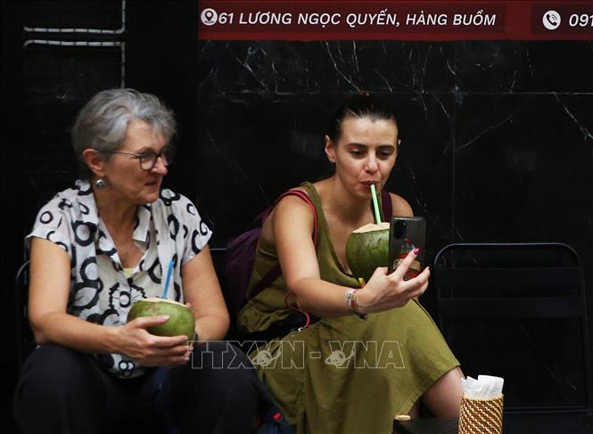 Du khách ghi lại khoảnh khắc với trái dừa Việt Nam. Ảnh: Nguyễn Hoa - TTXVN phát