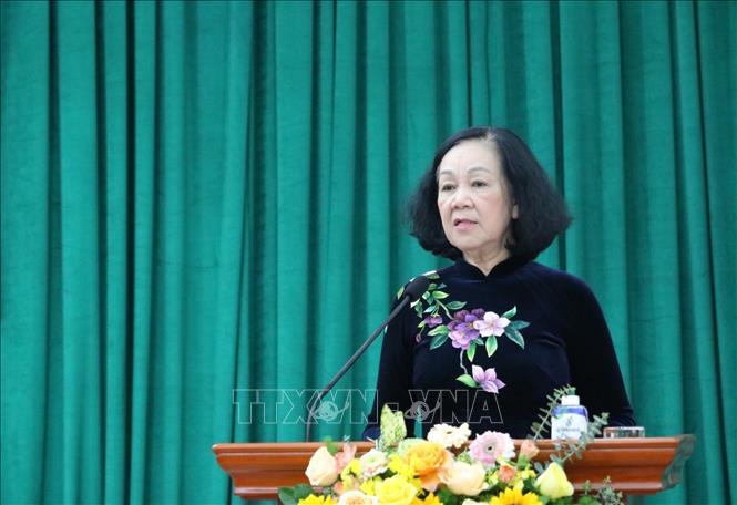 Đồng chí Trương Thị Mai, Ủy viên Bộ Chính trị, Thường trực Ban Bí thư, Trưởng Ban Tổ chức Trung ương phát biểu tại hội nghị. Ảnh: Chương Đài - TTXVN