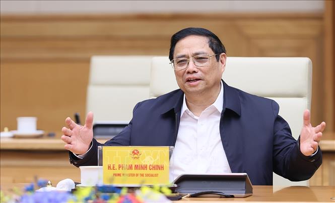 Thủ tướng Phạm Minh Chính phát biểu tại buổi tiếp ông Jensen Huang Chủ tịch kiêm Giám đốc điều hành Tập đoàn NVIDIA. Ảnh: Dương Giang-TTXVN
