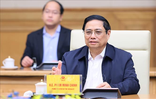 Thủ tướng Phạm Minh Chính phát biểu tại buổi tiếp ông Jensen Huang Chủ tịch kiêm Giám đốc điều hành Tập đoàn NVIDIA. Ảnh: Dương Giang-TTXVN
