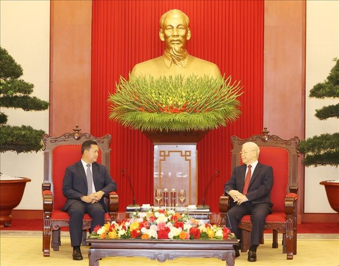 Tổng Bí thư Nguyễn Phú Trọng tiếp Thủ tướng Vương quốc Campuchia Samdech Hun Manet . Ảnh: Trí Dũng – TTXVN