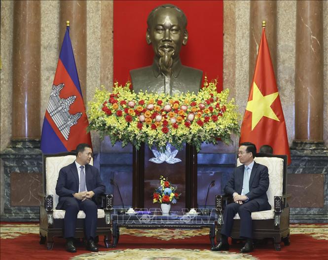 President Vo Van Thuong receives Cambodian PM Samdech Moha Bovor Thipadei Hun Manet. VNA Photo: Thống Nhất 