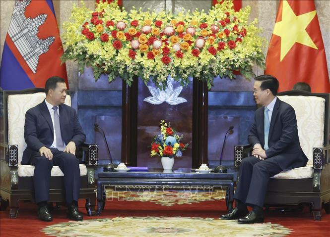 President Vo Van Thuong receives Cambodian PM Samdech Moha Bovor Thipadei Hun Manet. VNA Photo: Thống Nhất 