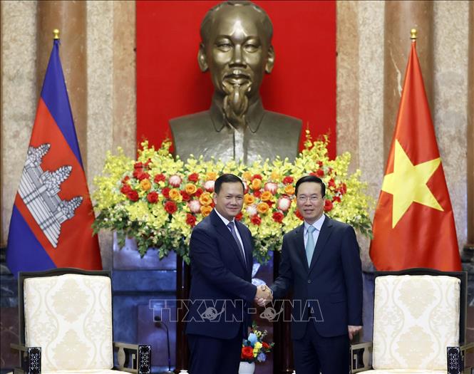 President Vo Van Thuong receives Cambodian PM Samdech Moha Bovor Thipadei Hun Manet. VNA Photo: Thống Nhất 