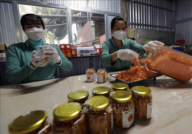 Sản phẩm nấm đông trùng hạ thảo của Cơ sở sản xuất nấm dược liệu Thanh Nhàn, xã Tân Lập, huyện Tân Thạnh đạt tiêu chuẩn sản phẩm nông nghiệp OCOP 3 sao năm 2022. Ảnh: Vũ Sinh - TTXVN