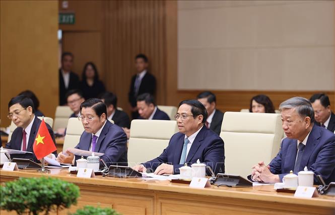 Thủ tướng Phạm Minh Chính phát biểu tại cuộc hội kiến Tổng Bí thư, Chủ tịch nước Trung Quốc Tập Cận Bình. Ảnh: Dương Giang-TTXVN
