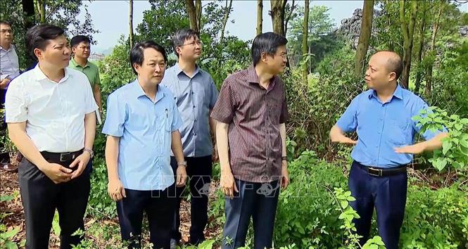 Đoàn công tác tỉnh Ninh Bình tham quan, tìm hiểu di tích khảo cổ học Mán Bạc. Ảnh: Thùy Dung - TTXVN