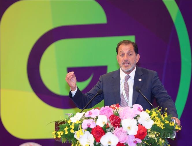 TS. Marc Ballouz, Chủ tịch Hội cơ học đất thế giới phát biểu. Ảnh: Hoàng Hiếu - TTXVN
