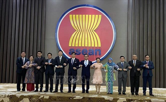 Đại diện các nước dự Cuộc họp lần thứ 14 Ủy ban hợp tác chung ASEAN-Nhật Bản tại trụ sở Ban Thư ký ASEAN, Jakarta (Indonesia). Ảnh: Hữu Chiến - TTXVN 