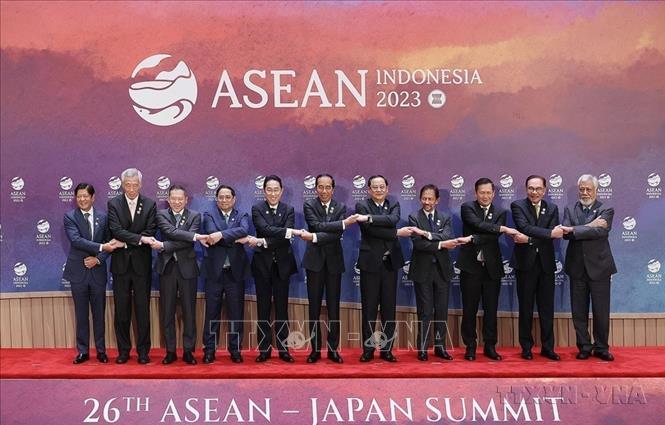 Thủ tướng Phạm Minh Chính và Trưởng đoàn các nước dự Hội nghị Cấp cao ASEAN - Nhật Bản lần thứ 26 tại Jakarta, Indonesia (2023). Ảnh: Dương Giang-TTXVN