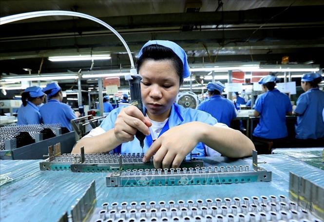 Sản xuất, gia công linh kiện đo lường nhiệt độ tại Công ty TNHH Sankoh Việt Nam, vốn Nhật Bản tại Hòa Bình. Ảnh: Tuấn Anh - TTXVN