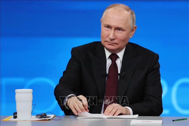 Tổng thống Nga Vladimir Putin tại cuộc họp báo cuối năm ở Moskva ngày 14/12/2023. Ảnh: AFP/TTXVN