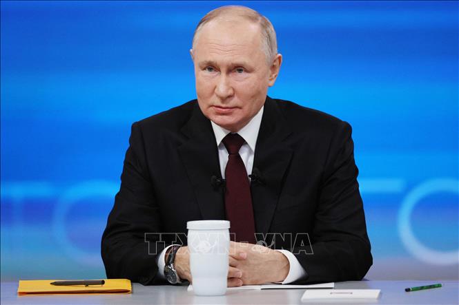 Tổng thống Nga Vladimir Putin tại cuộc họp báo cuối năm ở Moskva ngày 14/12/2023. Ảnh: AFP/TTXVN