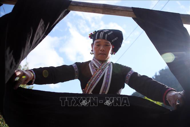 Indigo-dyed fabrics are hung to dry before being fashioned into traditional skirts and shirts. VNA Photo: Quý Trung