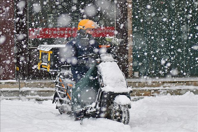 Tuyết rơi dày đặc tại Yên Đài, tỉnh Sơn Đông, Trung Quốc, ngày 20/12/2023. Ảnh: AFP/TTXVN