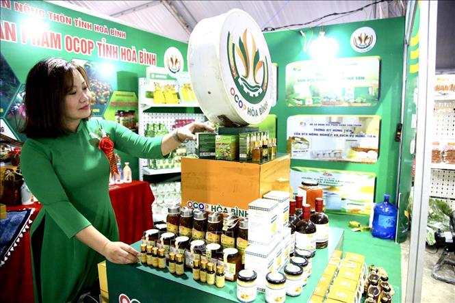 Các sản phẩm hữu cơ, OCOP do nông dân trong tỉnh sản xuất được bày bán tại Hội chợ Nông nghiệp và Triển lãm sản phẩm OCOP vùng trung du, miền núi phía Bắc năm 2023. Ảnh: Vũ Hà- TTXVN