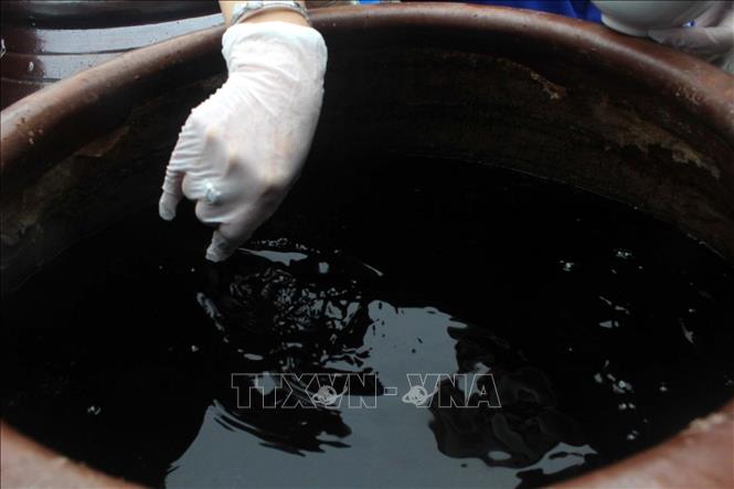 Kiểm tra chất lượng nước mắm trước khi cung ứng cho thị trường Tết. Ảnh: Nguyễn Nam-TTXVN
 