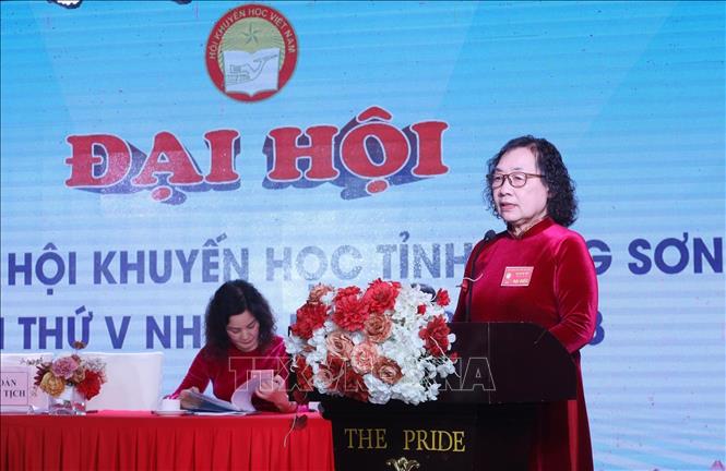 Chủ tịch Hội Khuyến học tỉnh Lạng Sơn Lê Kim Hòa phát biểu. Ảnh: Anh Tuấn – TTXVN