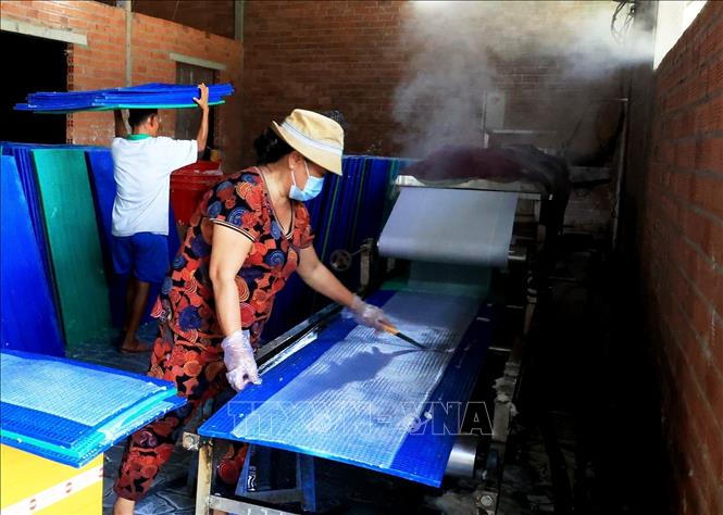 A woman operates a machine to cut rice paper into pieces. Nowadays, some steps in the making process are automated. VNA Photo: Hồng Đạt 