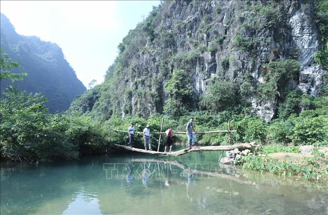 Du khách trải nghiệm vượt cầu Bảy Đời bắc qua suối Mỏ Mạ làm từ một thân cây tại Khu dã ngoại tại thôn Làng Áng của xã Yên Thịnh. Ảnh: Anh Tuấn – TTXVN