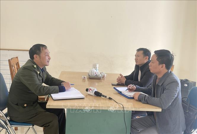 Phóng viên làm việc với Hạt trưởng Hạt Kiểm lâm huyện Sìn Hồ (Lai Châu) và nhận được lời khẳng định nạn khai thác gỗ nghiến đã diễn ra nhiều năm nay. Ảnh: Nhóm phóng viên TTXVN