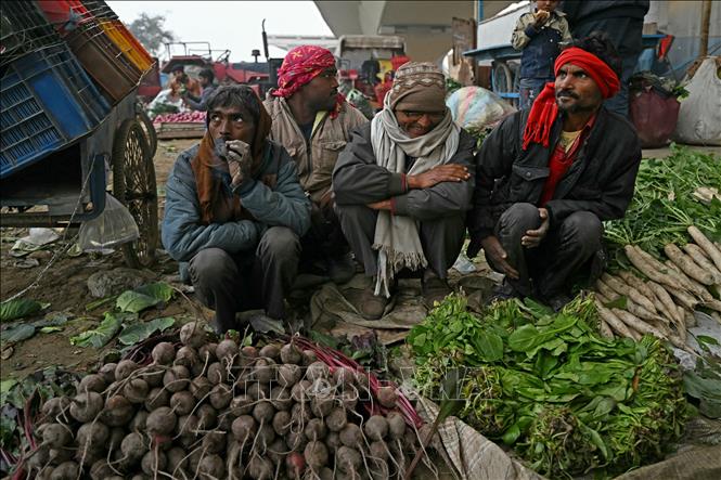 Người dân co ro trong giá lạnh tại khu chợ ở New Delhi, Ấn Độ, ngày 4/1/2024. Ảnh: AFP/TTXVN