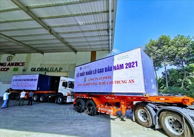 Lễ công bố xuất khẩu lô gạo 1.500 tấn đầu năm 2021 của Công ty Cổ phần Nông nghiệp công nghệ cao Trung An (Cần Thơ) đi Singapore và Malaysia (2021). Ảnh: Thanh Liêm - TTXVN