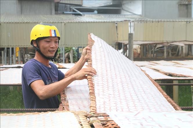 Người dân ấp Nô Công phơi bánh  hủ tiếu. Ảnh: Thanh Hoà- TTXVN