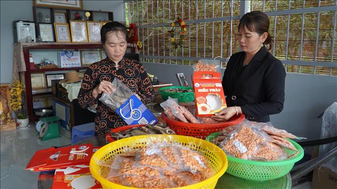 Đóng gói sản phẩm tôm khô và khô cá lóc đồng. Ảnh: Văn Sĩ - TTXVN