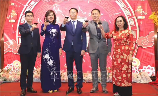 Tổng Lãnh sự Việt Nam tại Hồng Công Phạm Bình Đàm và phu nhân Kiều Thị Thúy Quỳnh; Chủ tịch Hiệp hội người Việt Nam Hồng Công Doãn Quỳnh Linh; Chủ tịch Hiệp hội người Việt Nam tại Ma Cao Dương Trung Đức; Chủ tịch Hội sinh viên Việt Nam tại Hồng Kông Nguyễn Đắc Hiếu cùng chúc mừng năm mới. Ảnh: Xuân Vịnh - Phóng viên TTXVN tại Hồng Kông