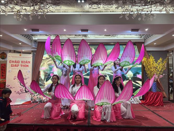 Tiết mục “Múa hương sen đất Việt” của người Việt tại Tết Cộng đồng ở Hong Kong  Ảnh: Xuân Vịnh - Phóng viên TTXVN tại Hồng Kông