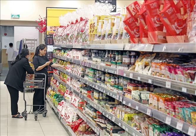 Đa dạng hàng hóa phục vụ Tết Nguyên đán tại Siêu thị AEON Long Biên. Ảnh: Trần Việt - TTXVN