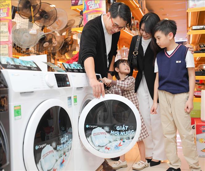Người tiêu dùng lựa chọn mua sản phẩm điện máy tại siêu thị Điện máy Xanh (quận Đống Đa, Hà Nội). Ảnh: Thanh Tùng - TTXVN 